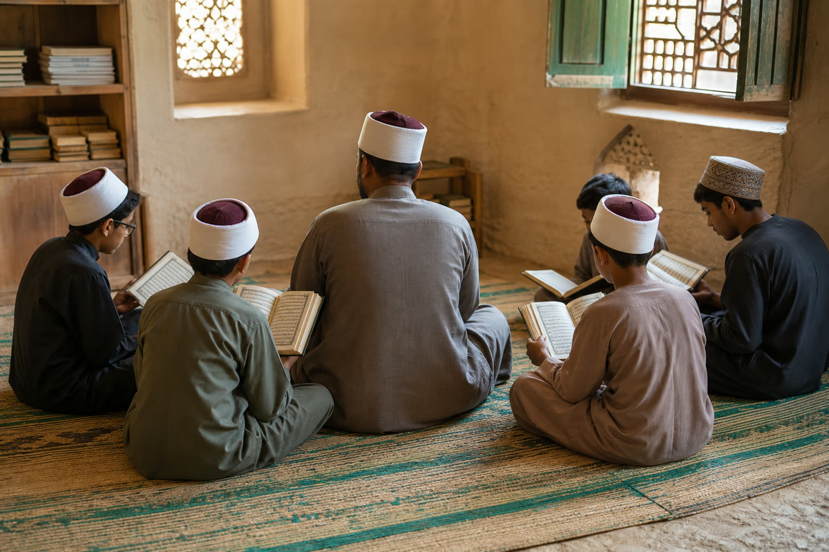 A halaqa circle seated on a carpet around their teacher, seen from behind