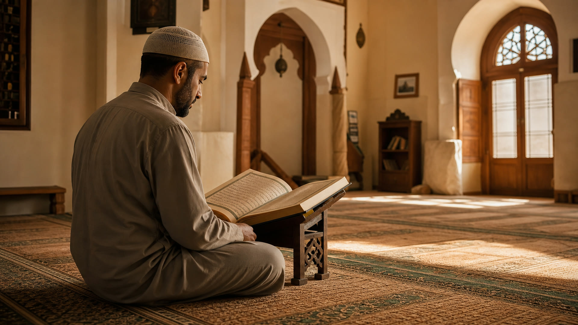 A man reading the Quran seated in warm mosque light