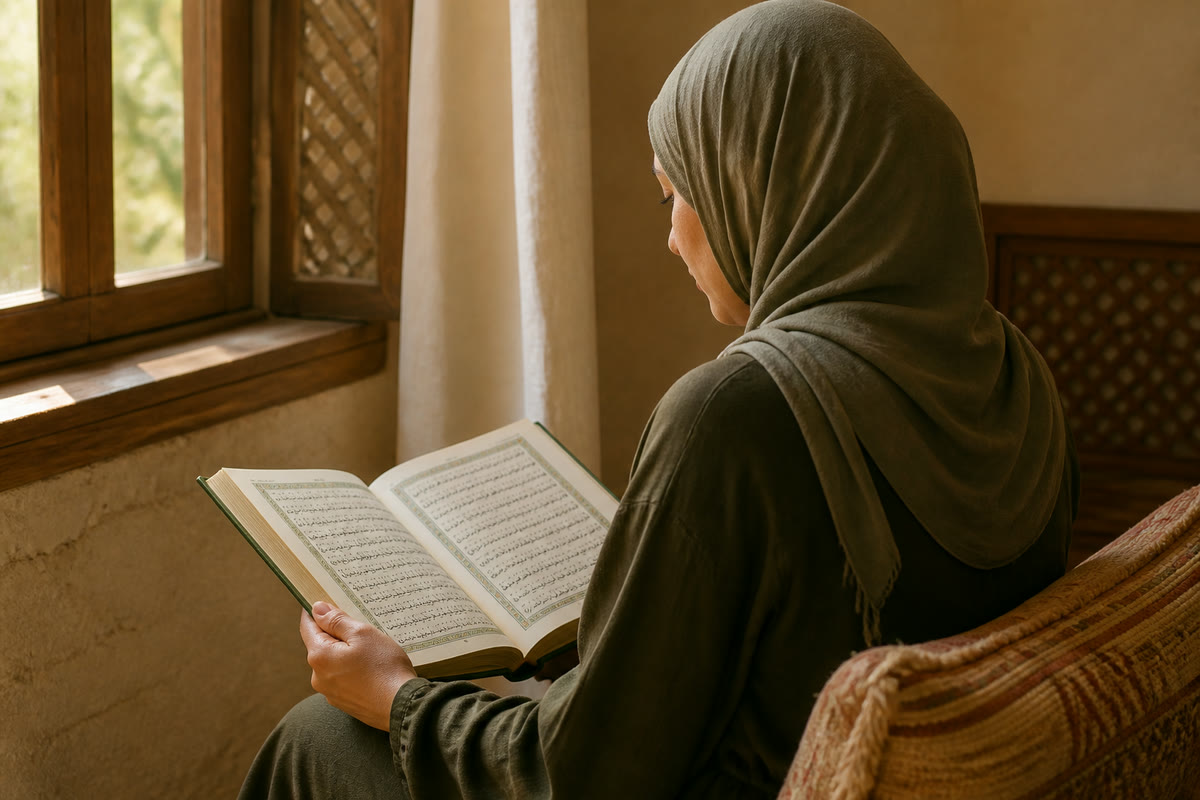 A woman in hijab reading the Quran beside a window