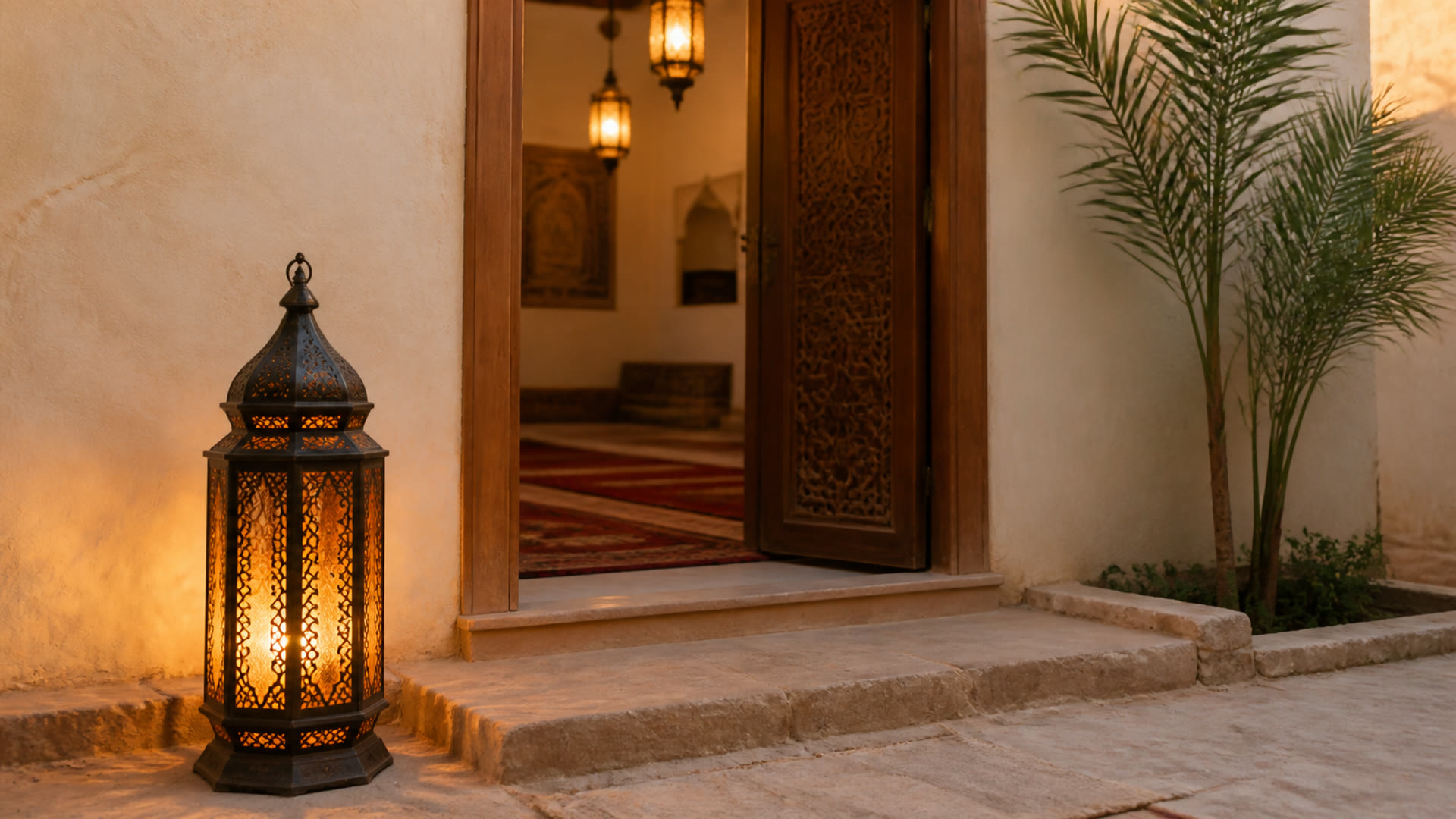 A welcoming school entrance lit by a lantern in warm evening light