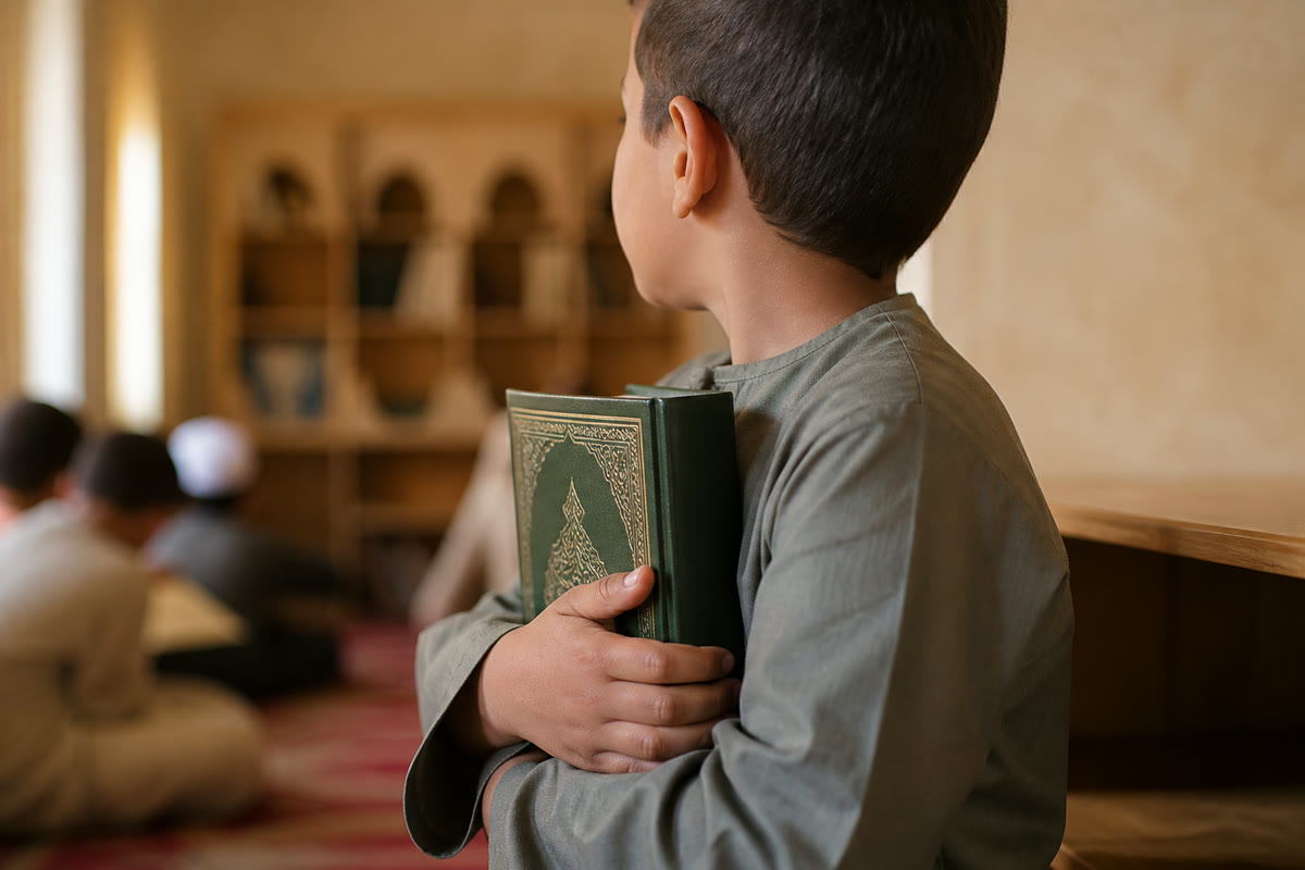 A child holding a mushaf close, turned away from the camera
