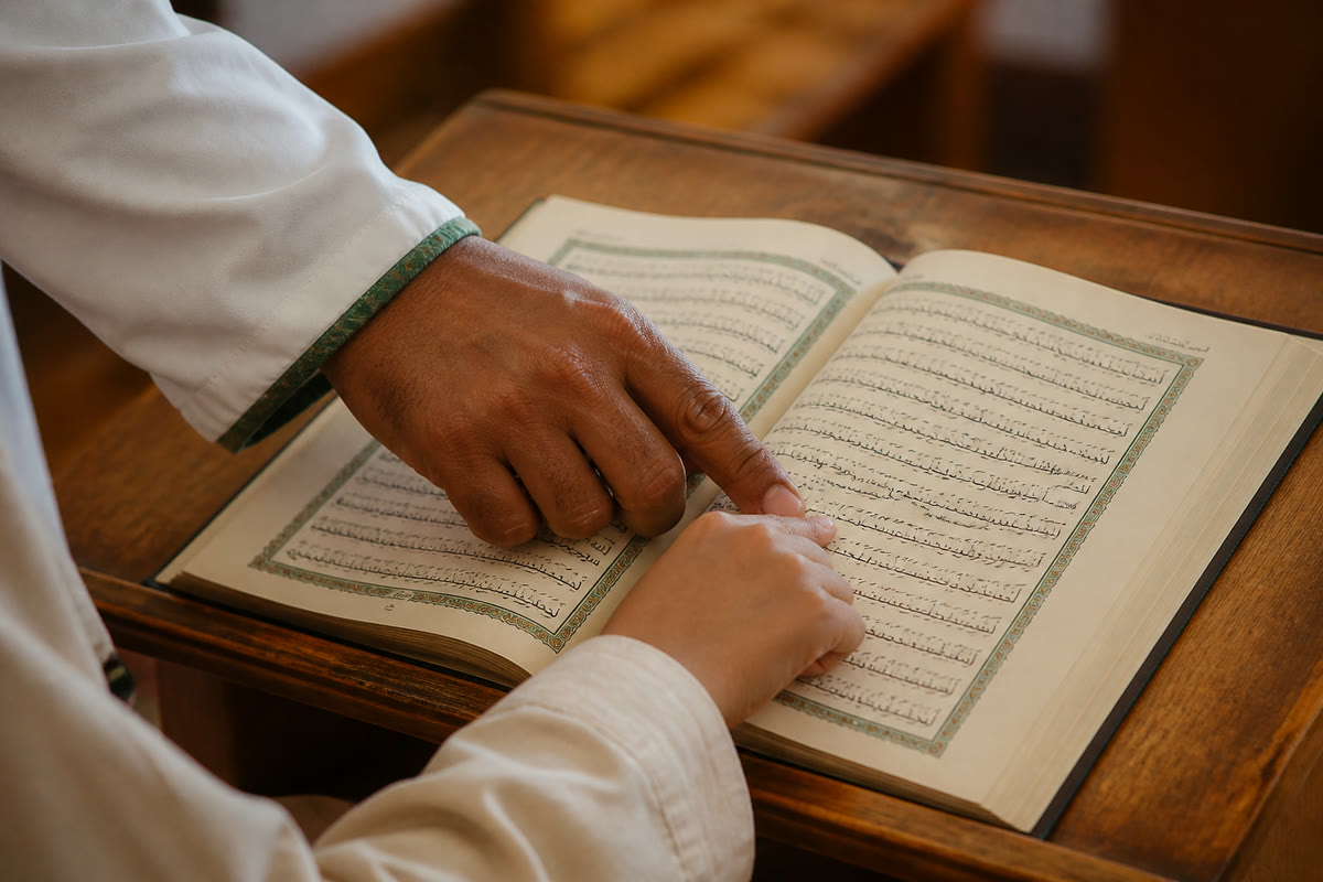 A teacher’s hand guiding a child’s finger along a line of the mushaf