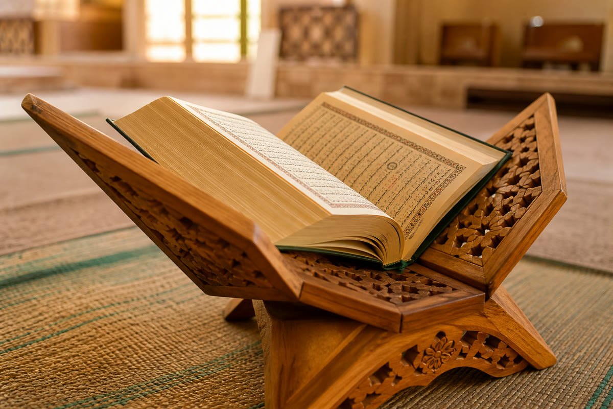 An open Quran resting on a carved wooden stand in warm light
