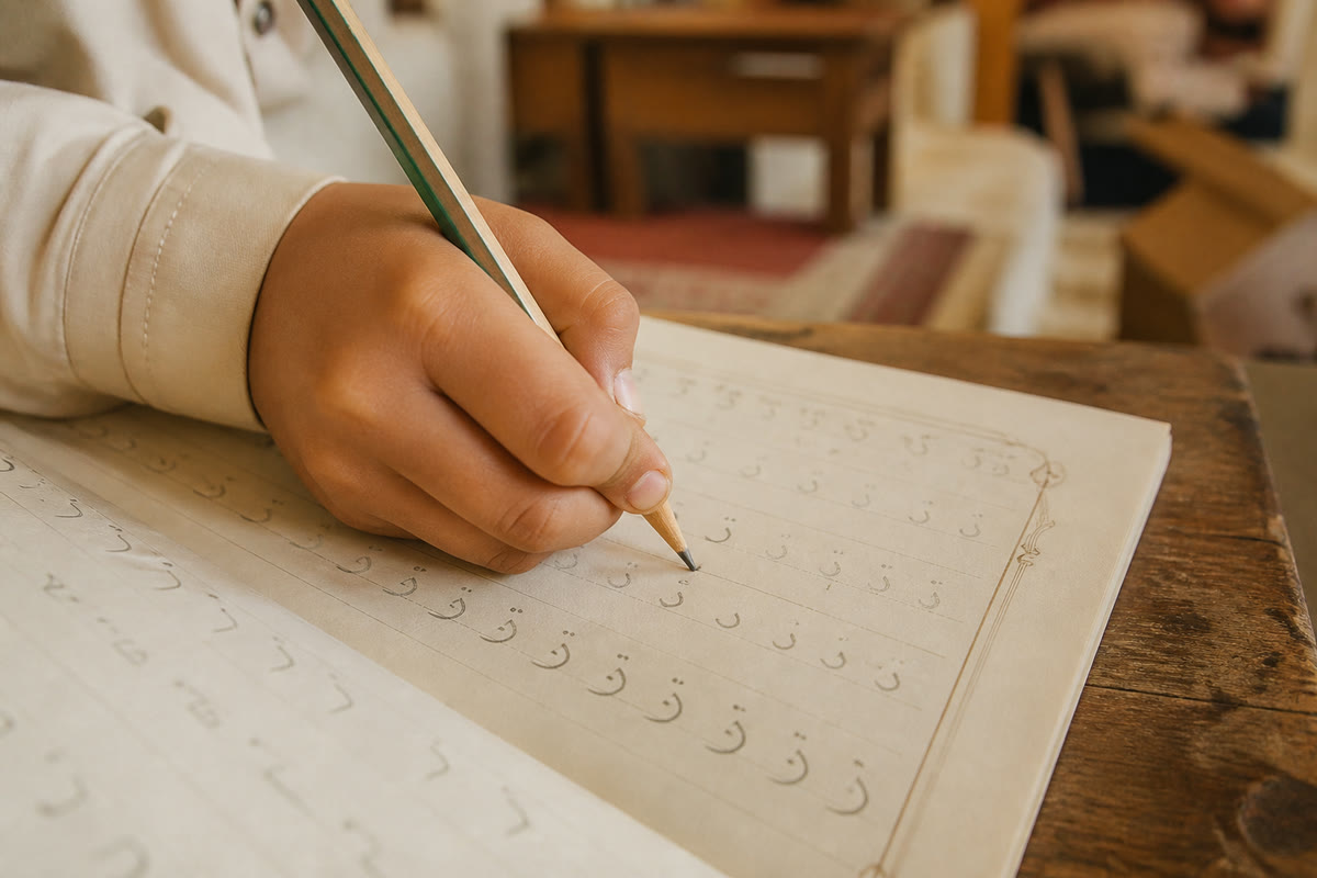 A child’s hand writing Arabic letters in a workbook