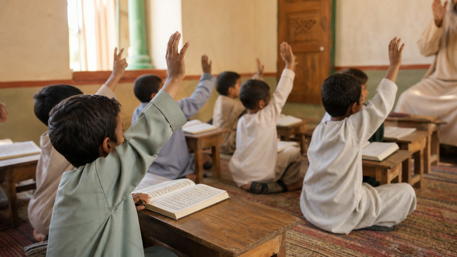 Children raising their hands in a bright classroom