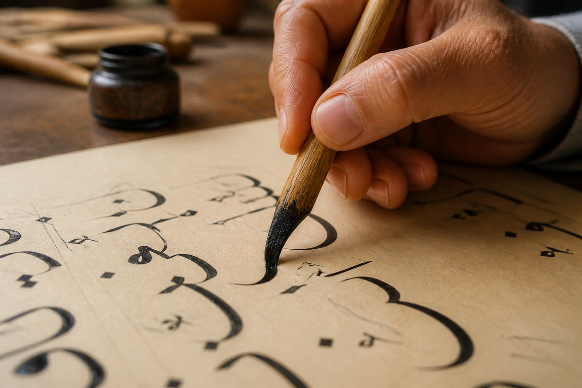 A close view of Arabic calligraphy practice, the pen mid-stroke
