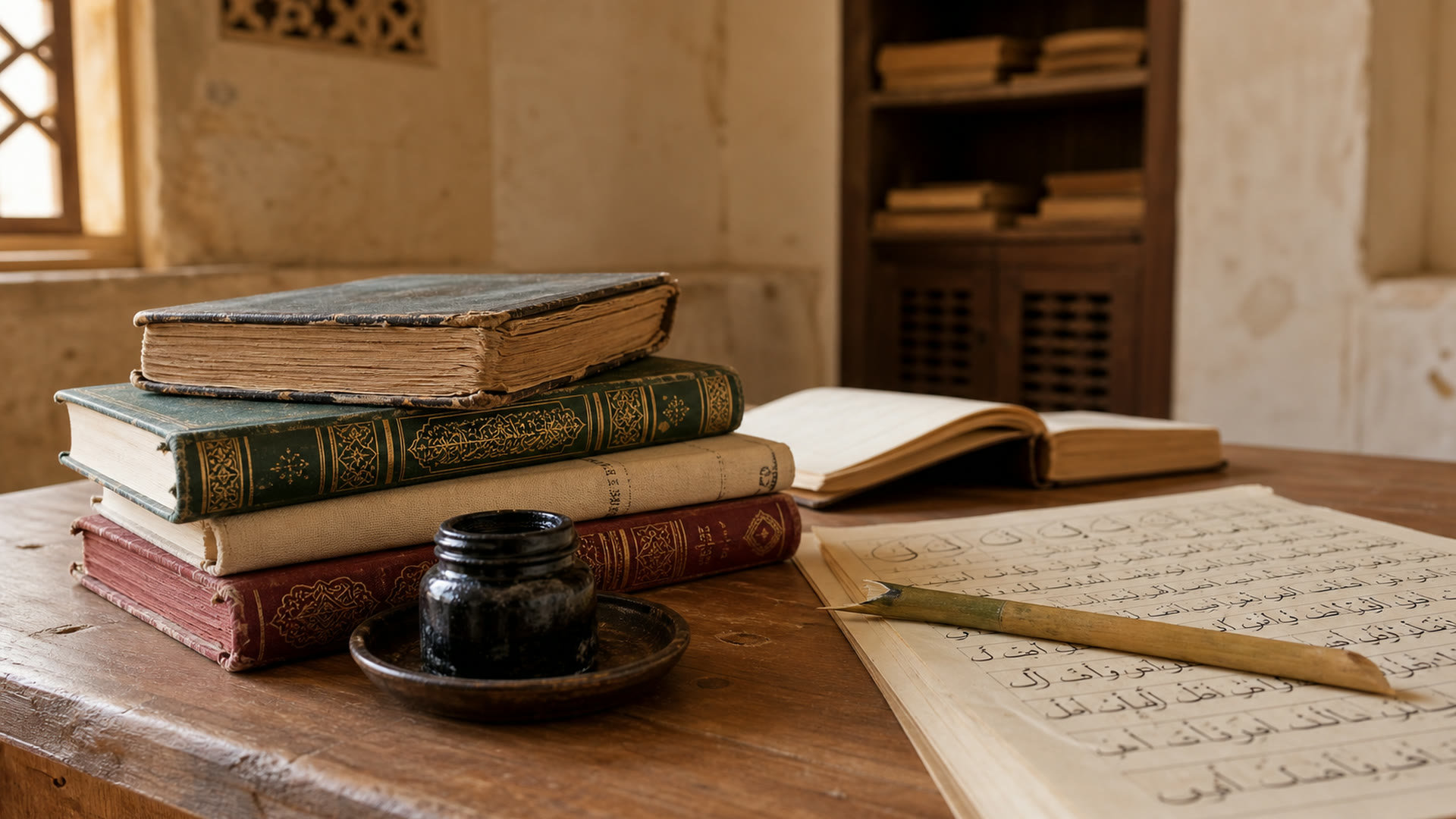 Stacked Qurans and Arabic books beside a reed pen and inkwell