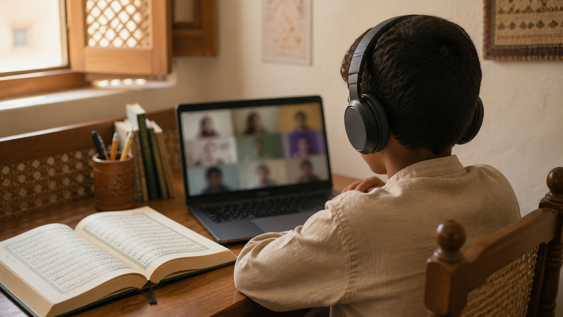A learner at a laptop showing a live lesson, an open mushaf beside the keyboard
